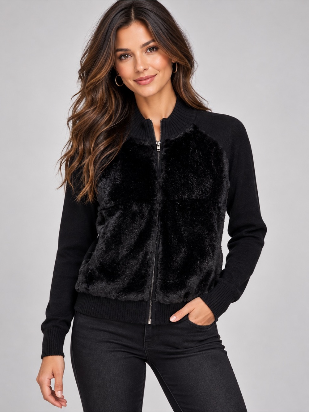 Cu Rame Italy Merino Wool Fur Front Zip Cardigan Sweater Jacket XL Fits S